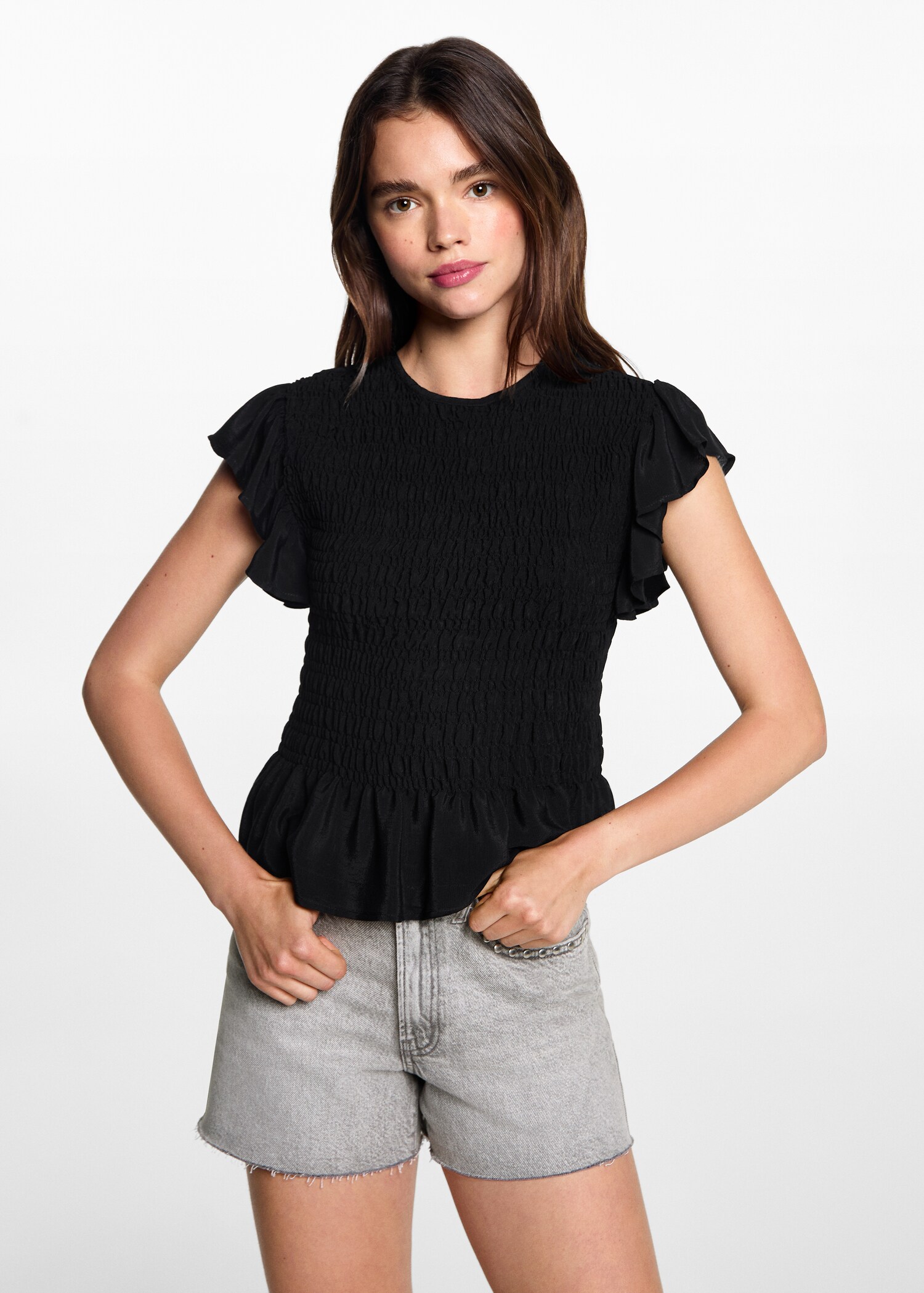 Frilled-sleeve ruched blouse