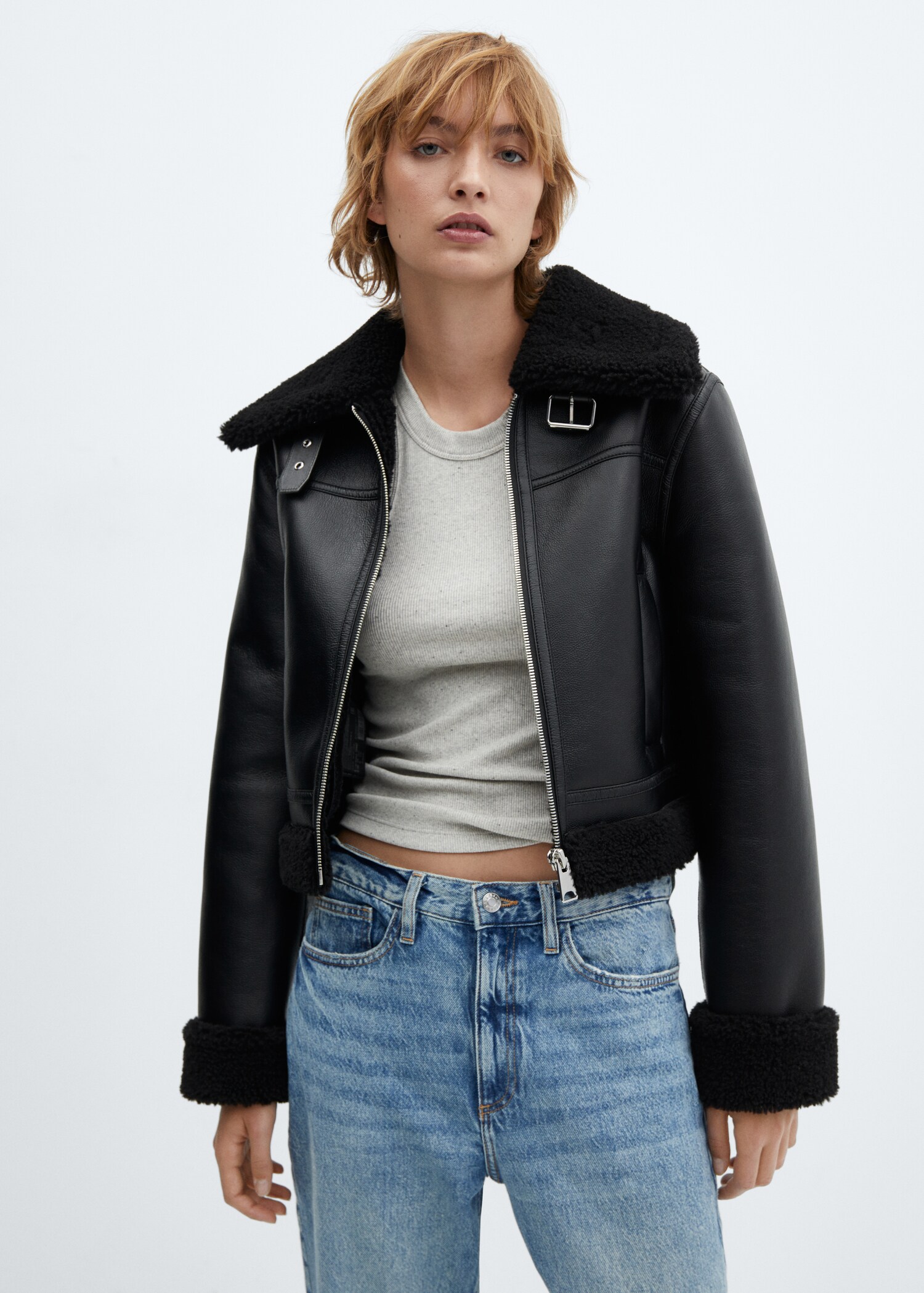 Biker jacket with shearling-effect lining