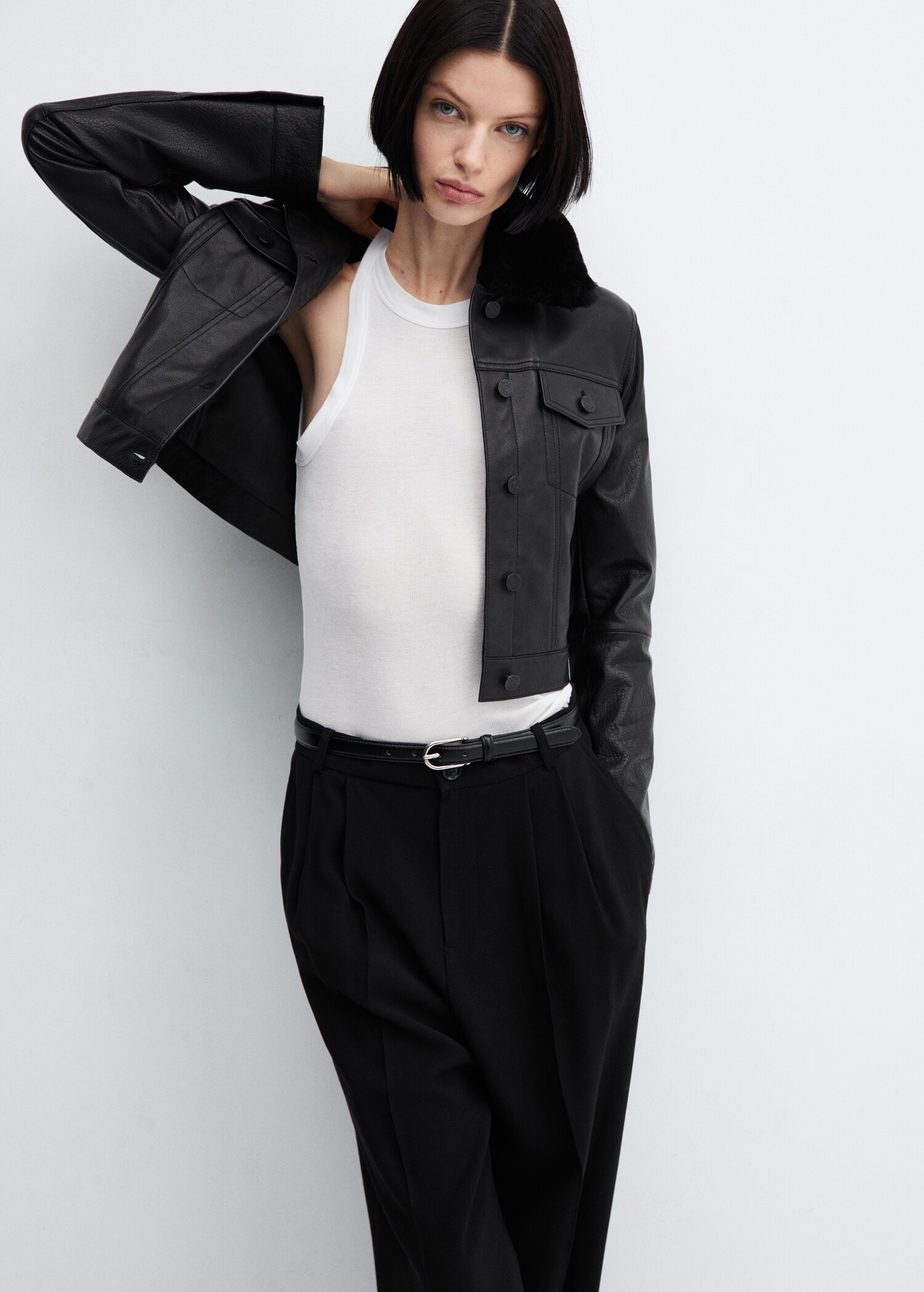Suede jacket with fur-effect collar