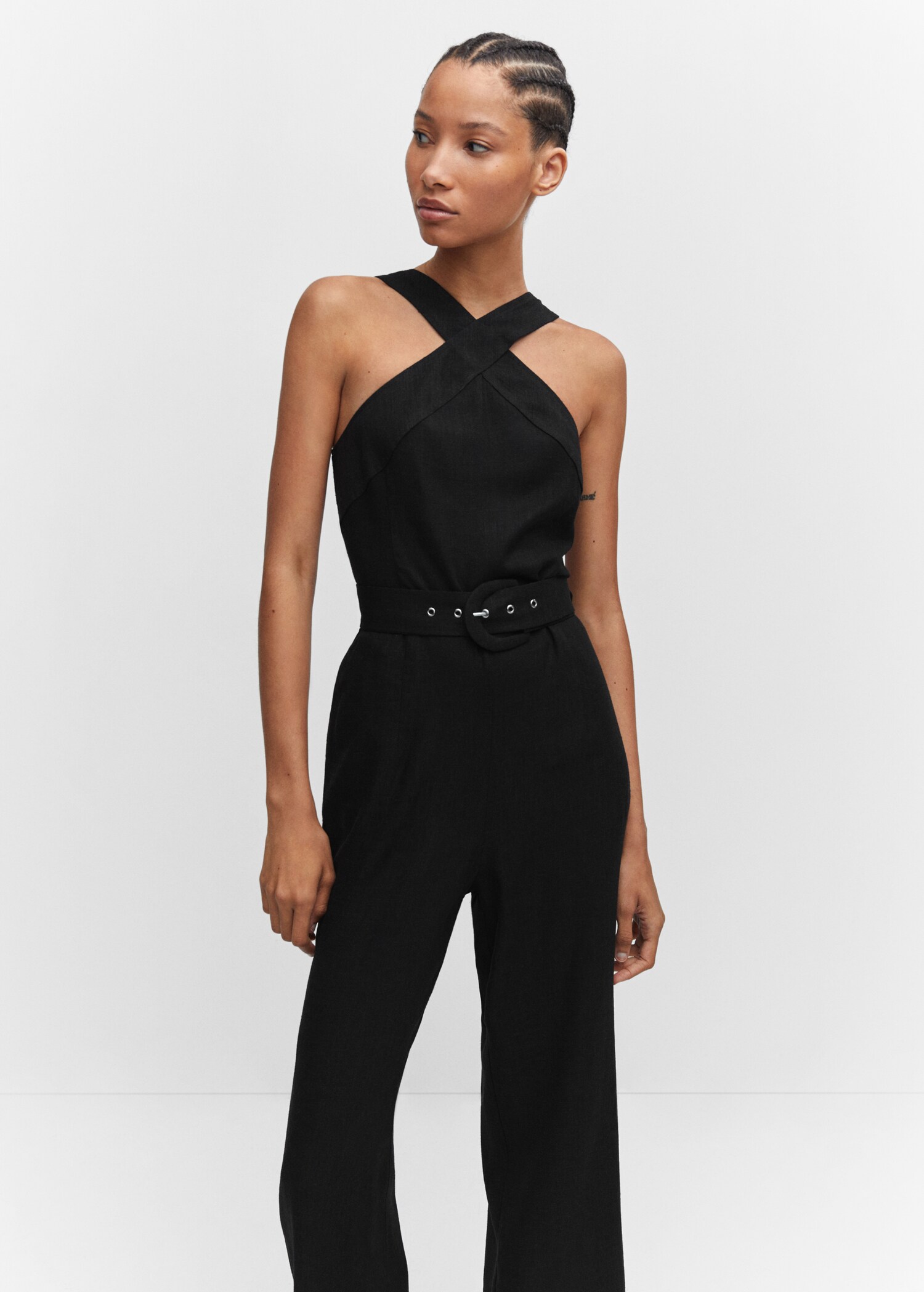 Halter-neck jumpsuit with belt