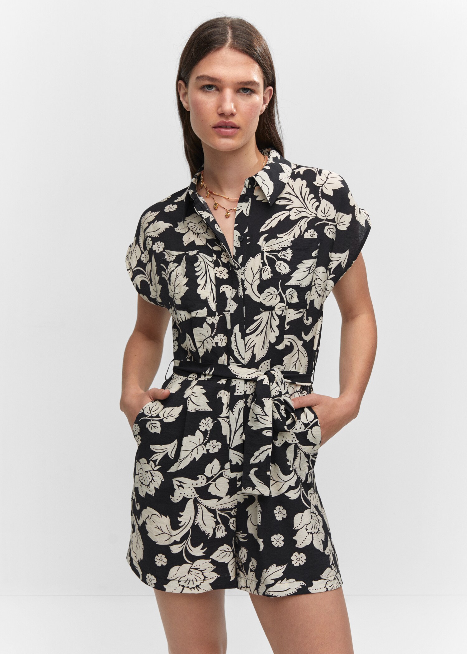 Floral-print jumpsuit with tie