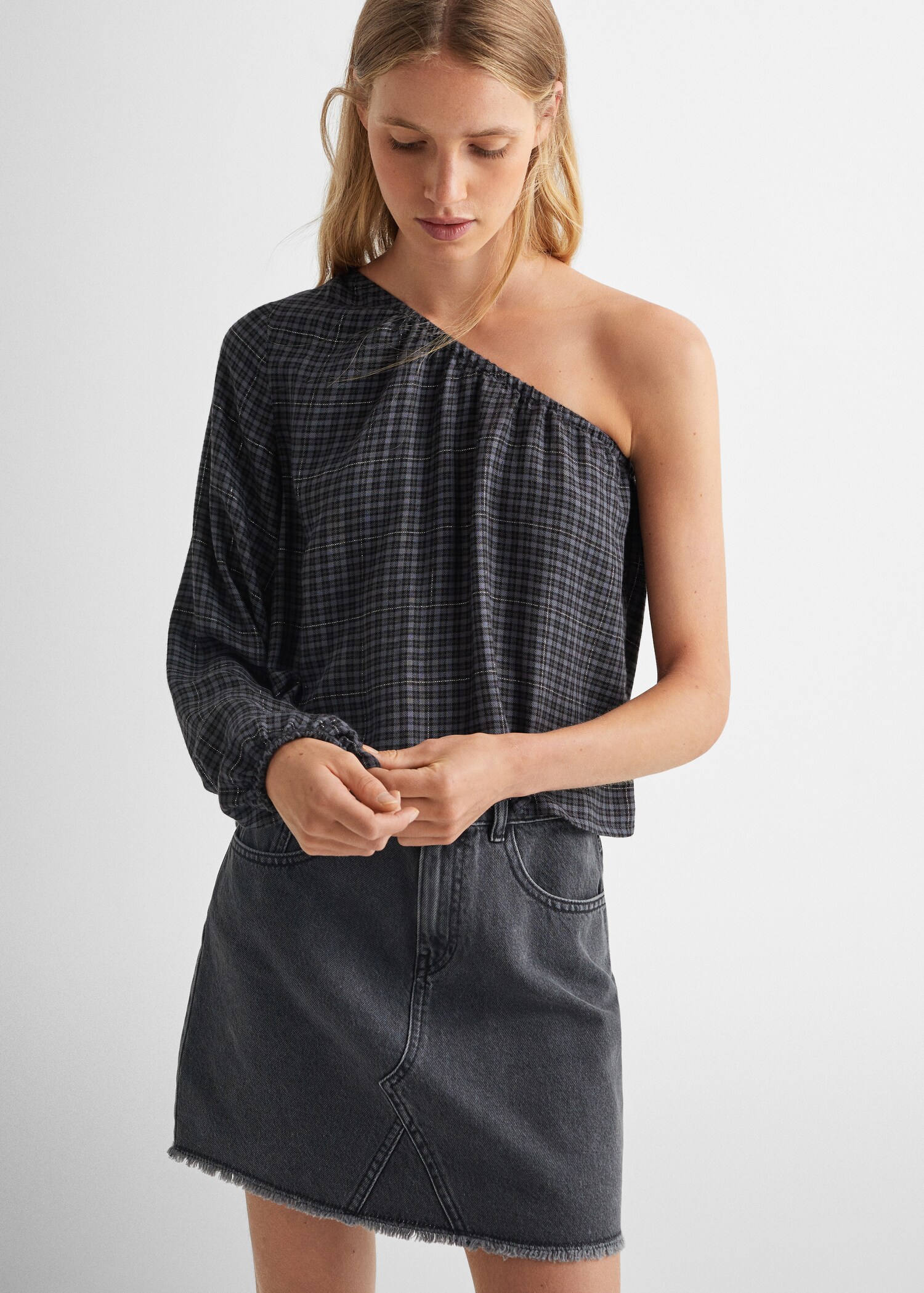 Asymmetric checked blouse
