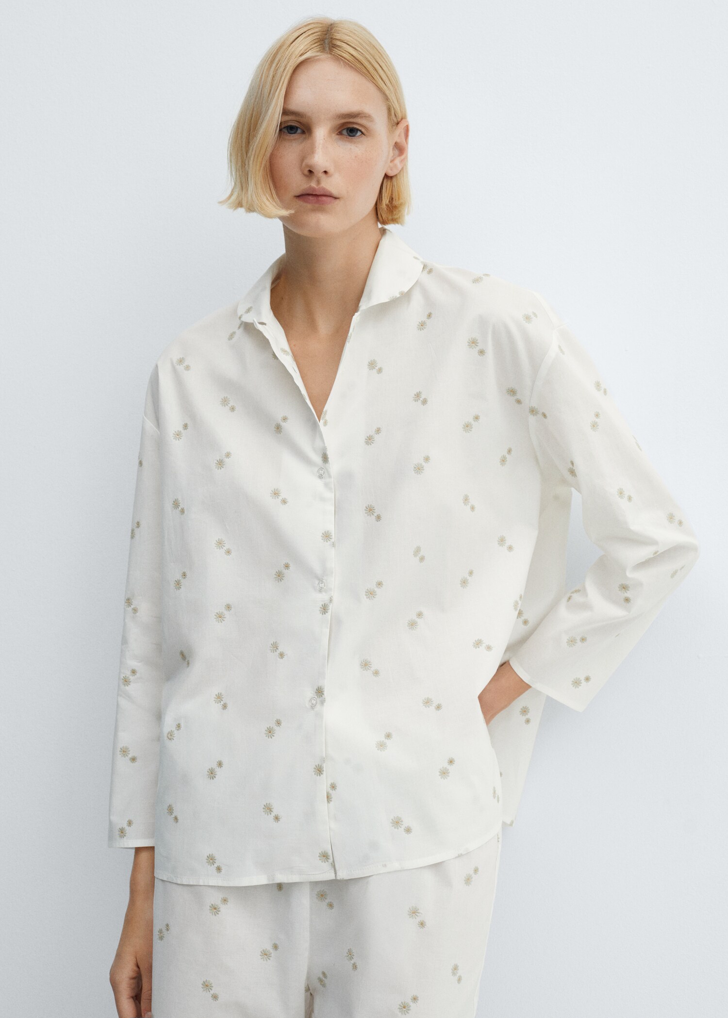 Floral embroidered cotton pyjama shirt