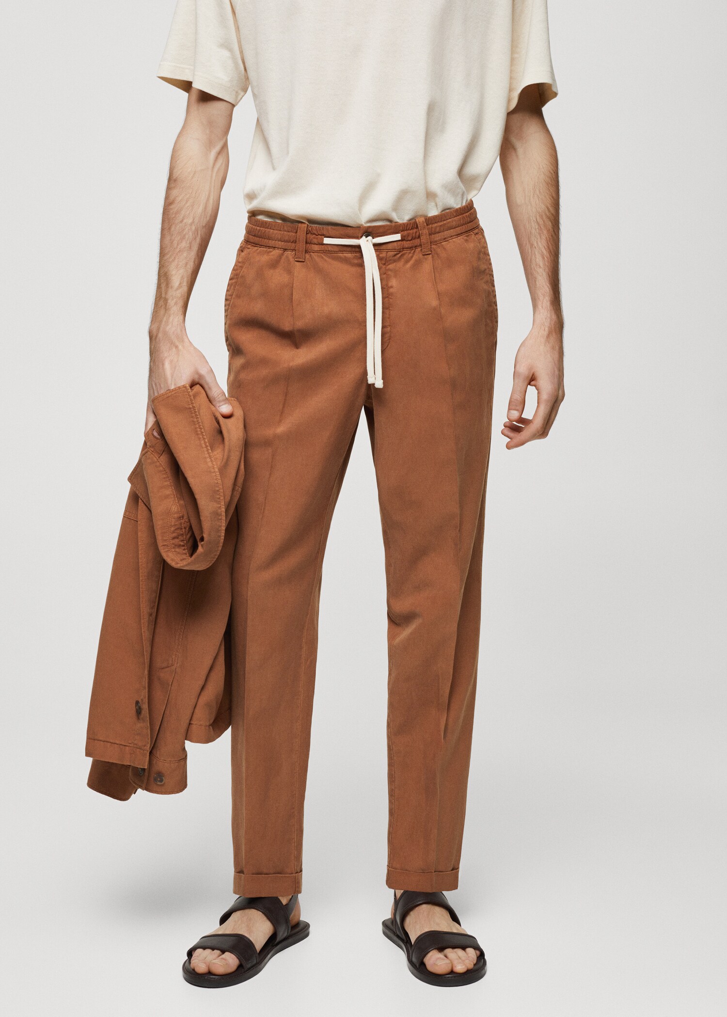 Linen-blend slim-fit pants with drawstring