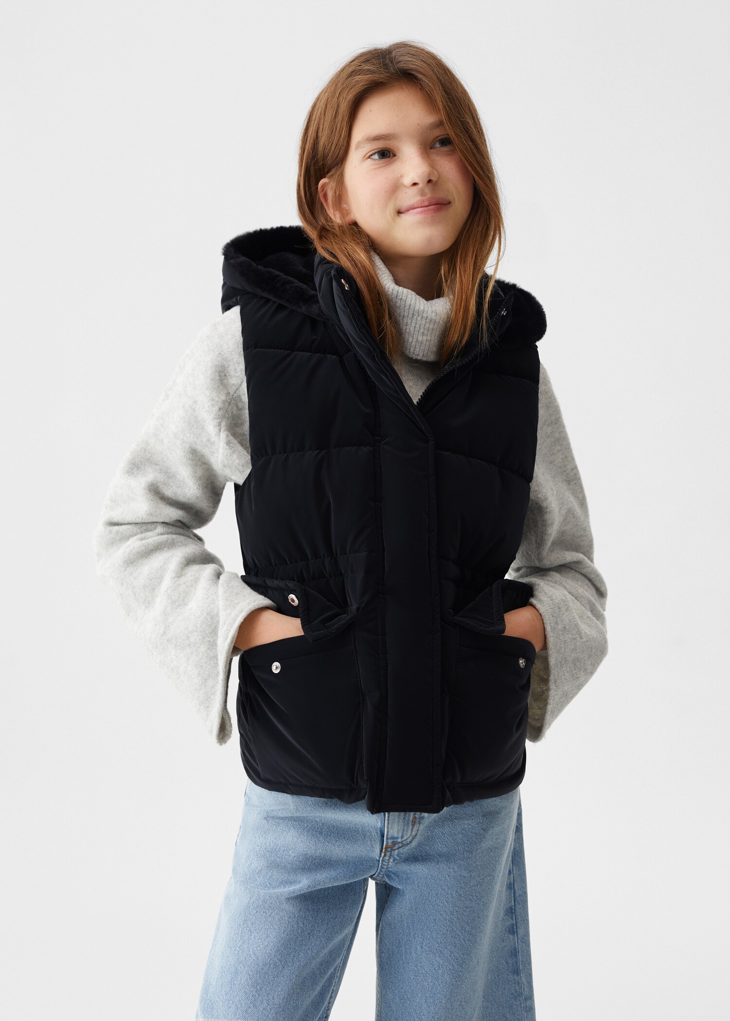 Quilted gilet with fur-effect hood