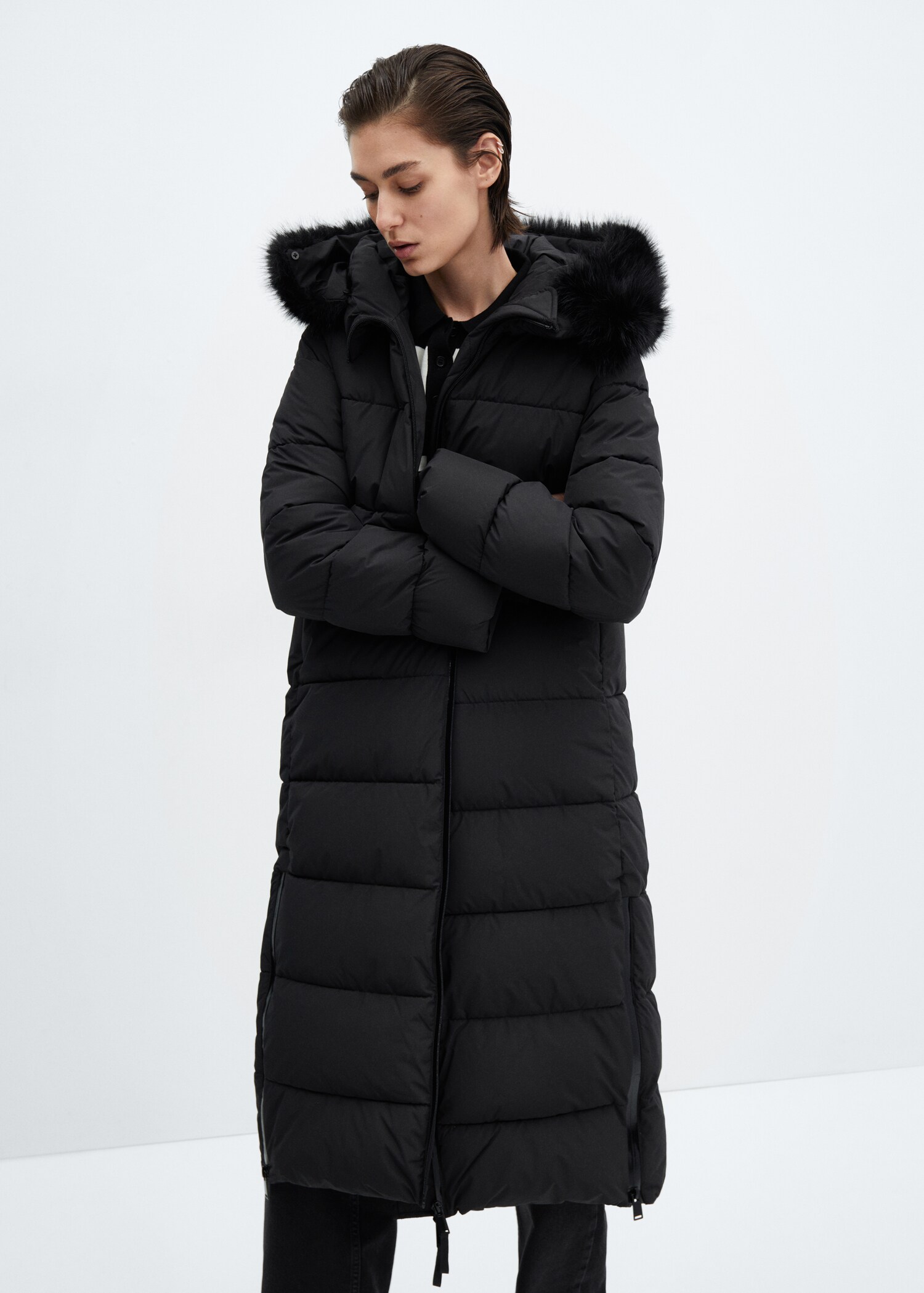 Quilted coat with fur-effect hood