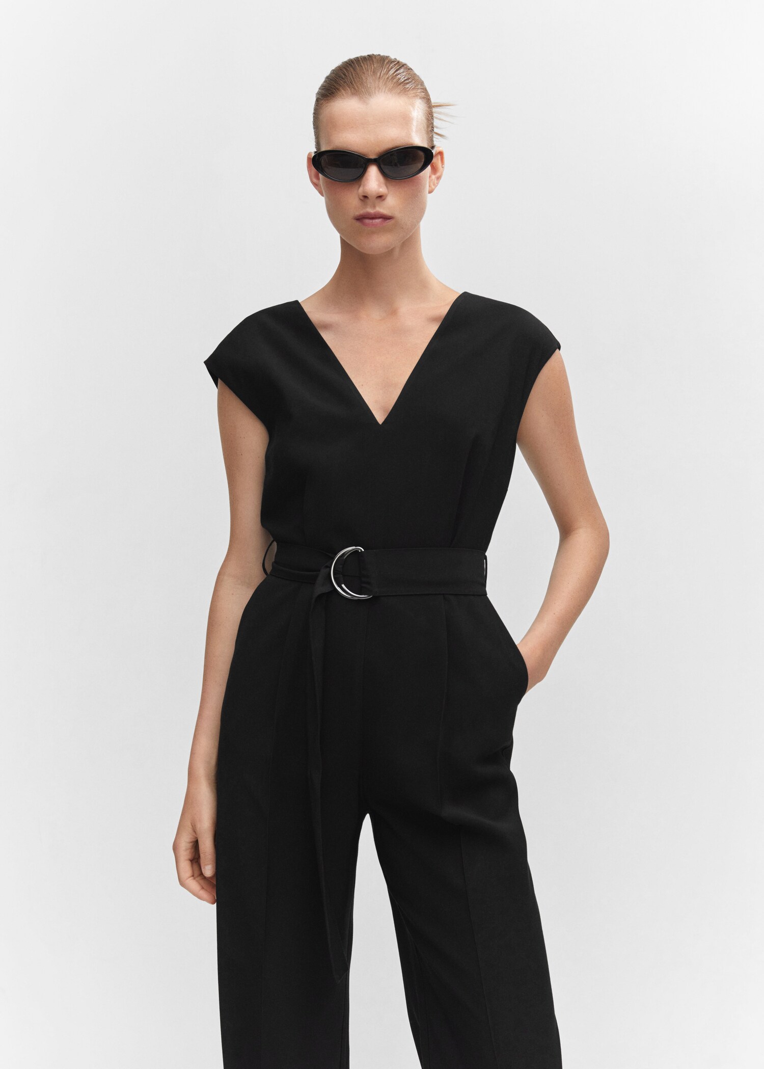 V-neck jumpsuit with belt
