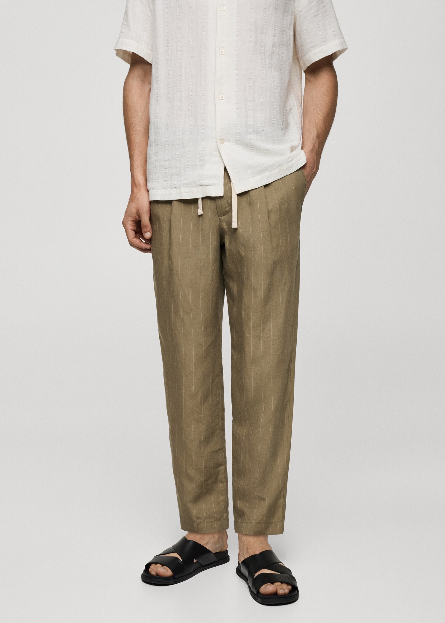 Linen-blend striped pants with drawstring