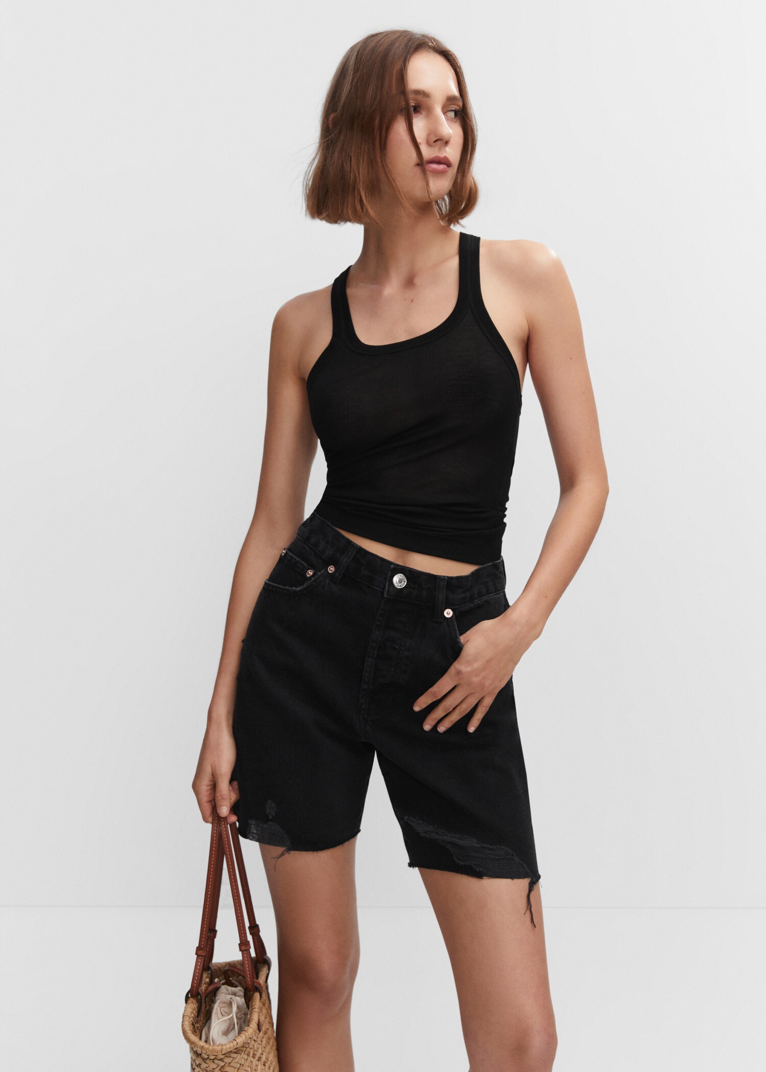Decorative ripped denim bermuda shorts
