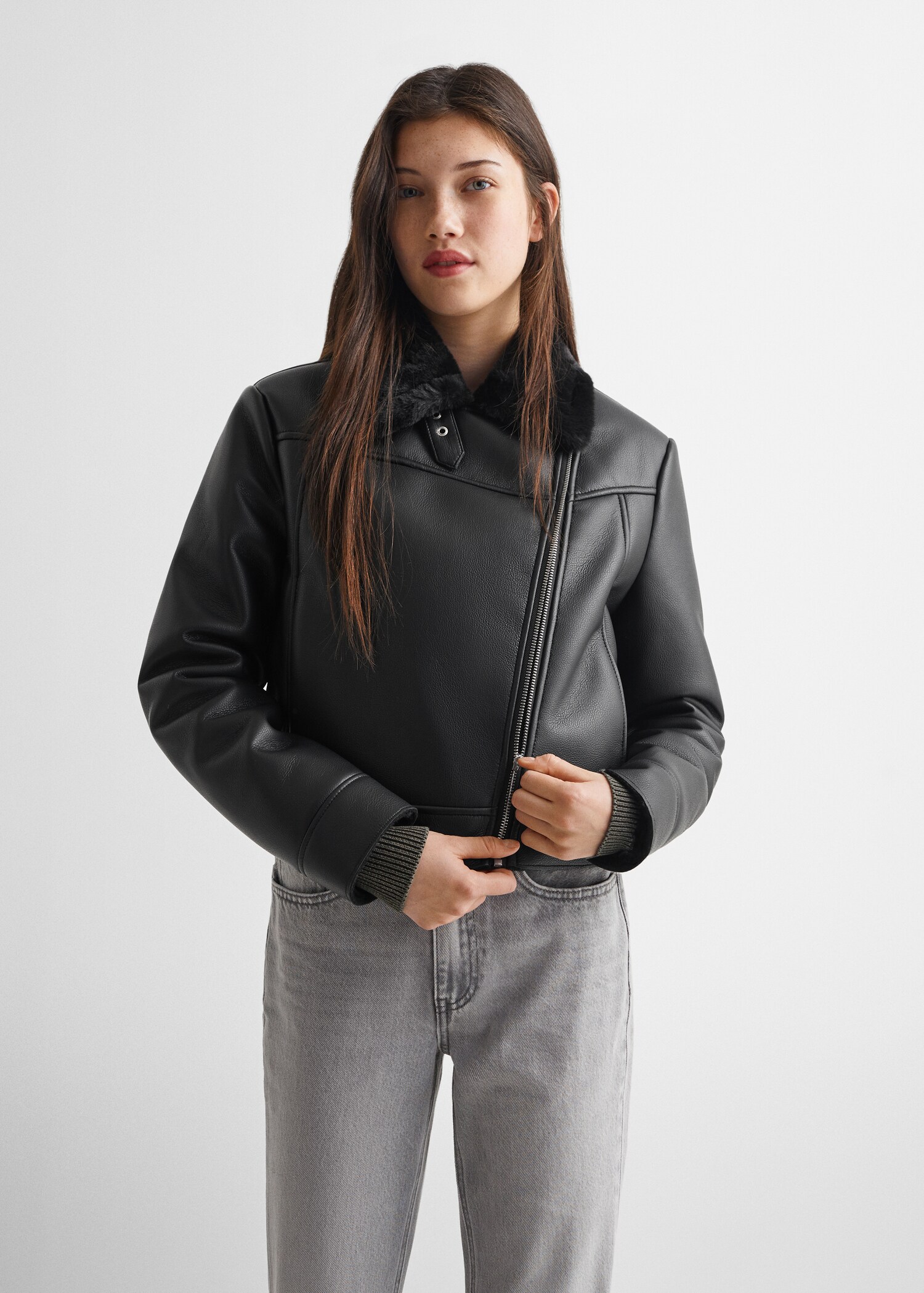 Biker jacket with shearling-effect lining
