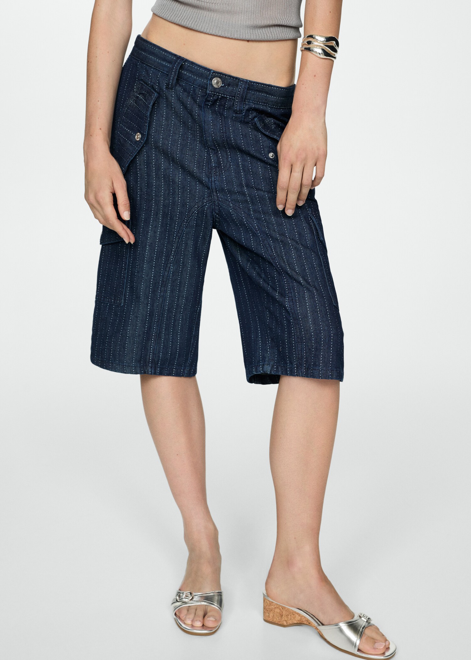 Denim bermuda shorts with decorative stitching