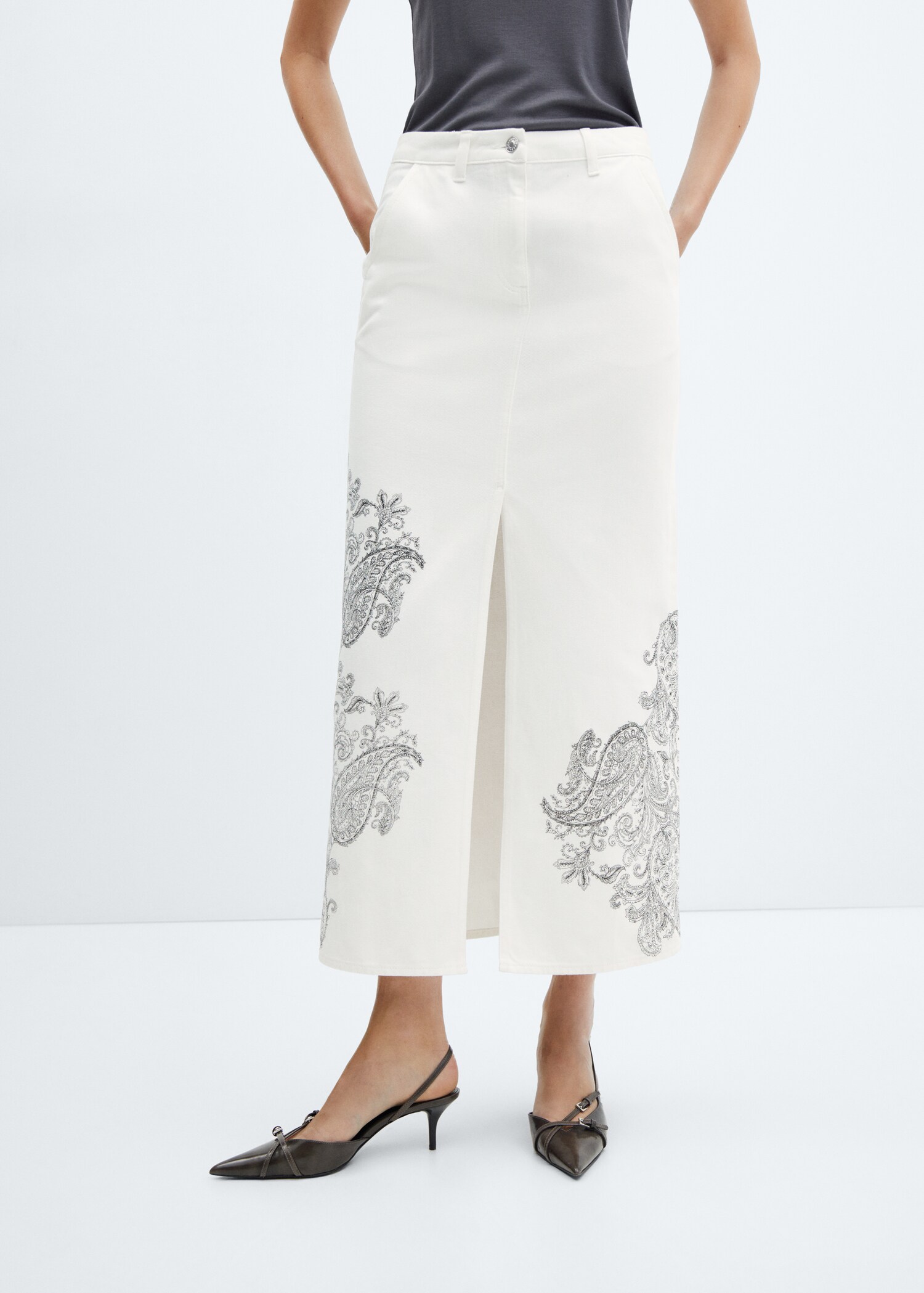 Paisley-print denim skirt