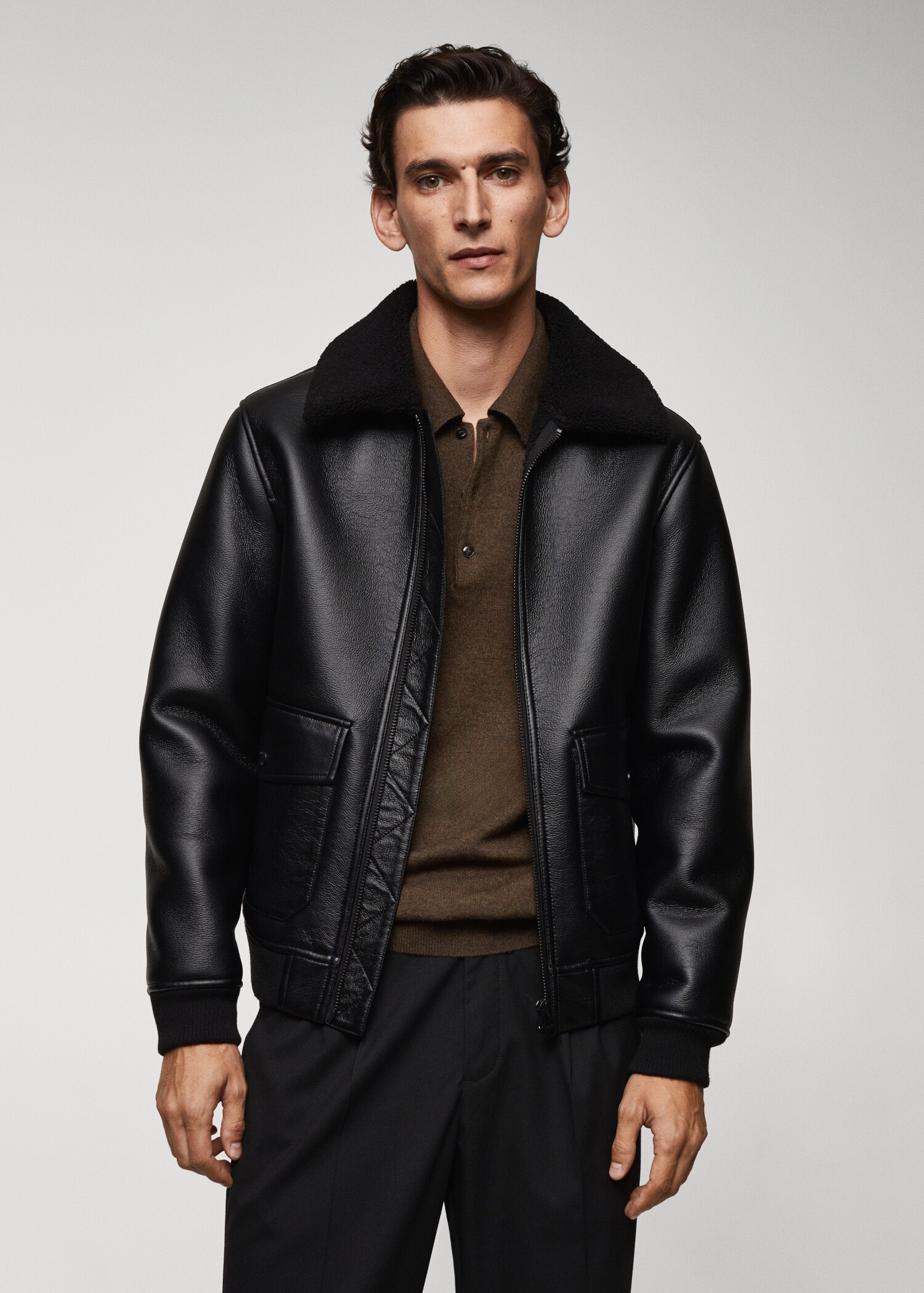 Shearling-lined leather-effect jacket