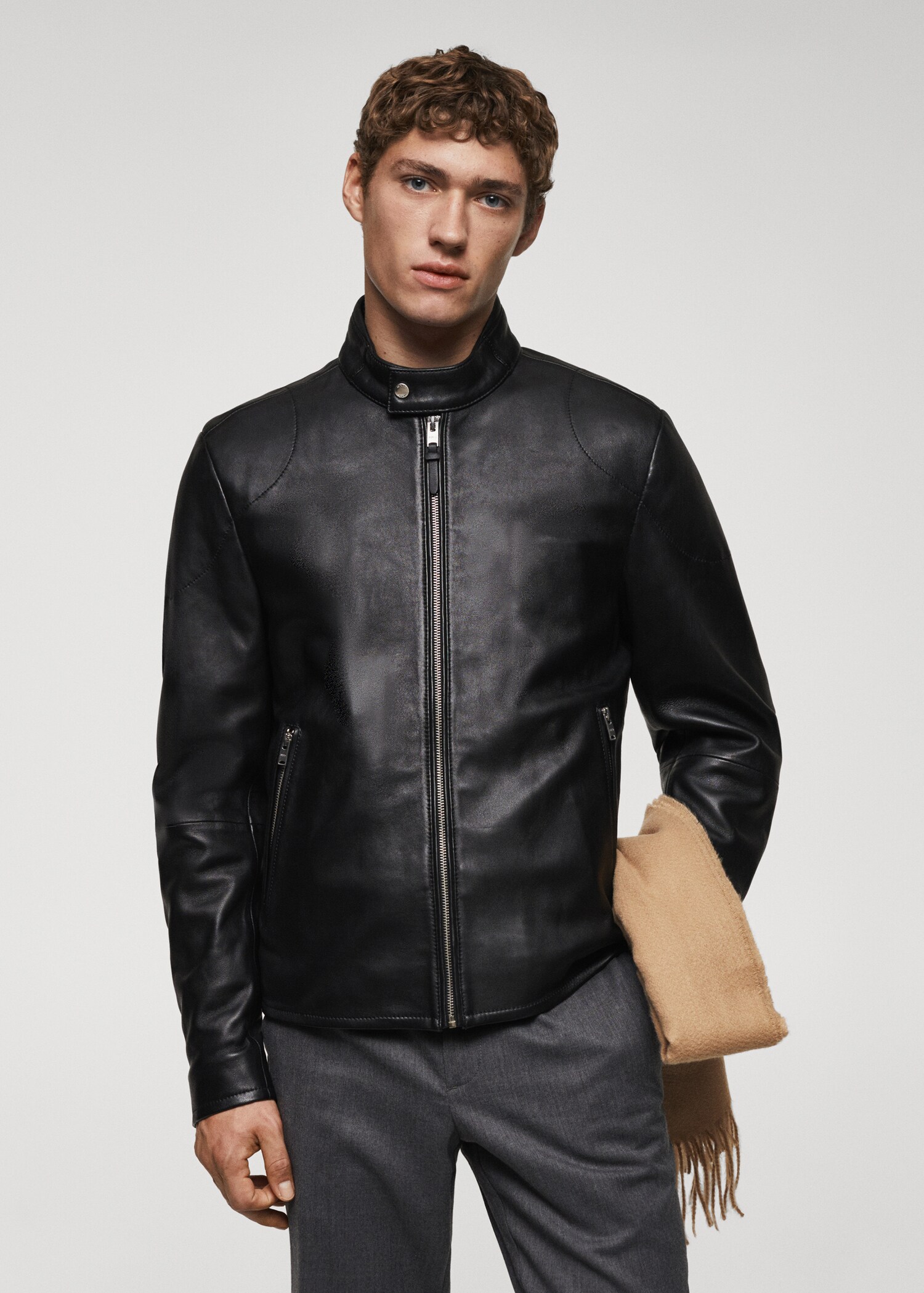 Zip-detail leather biker jacket
