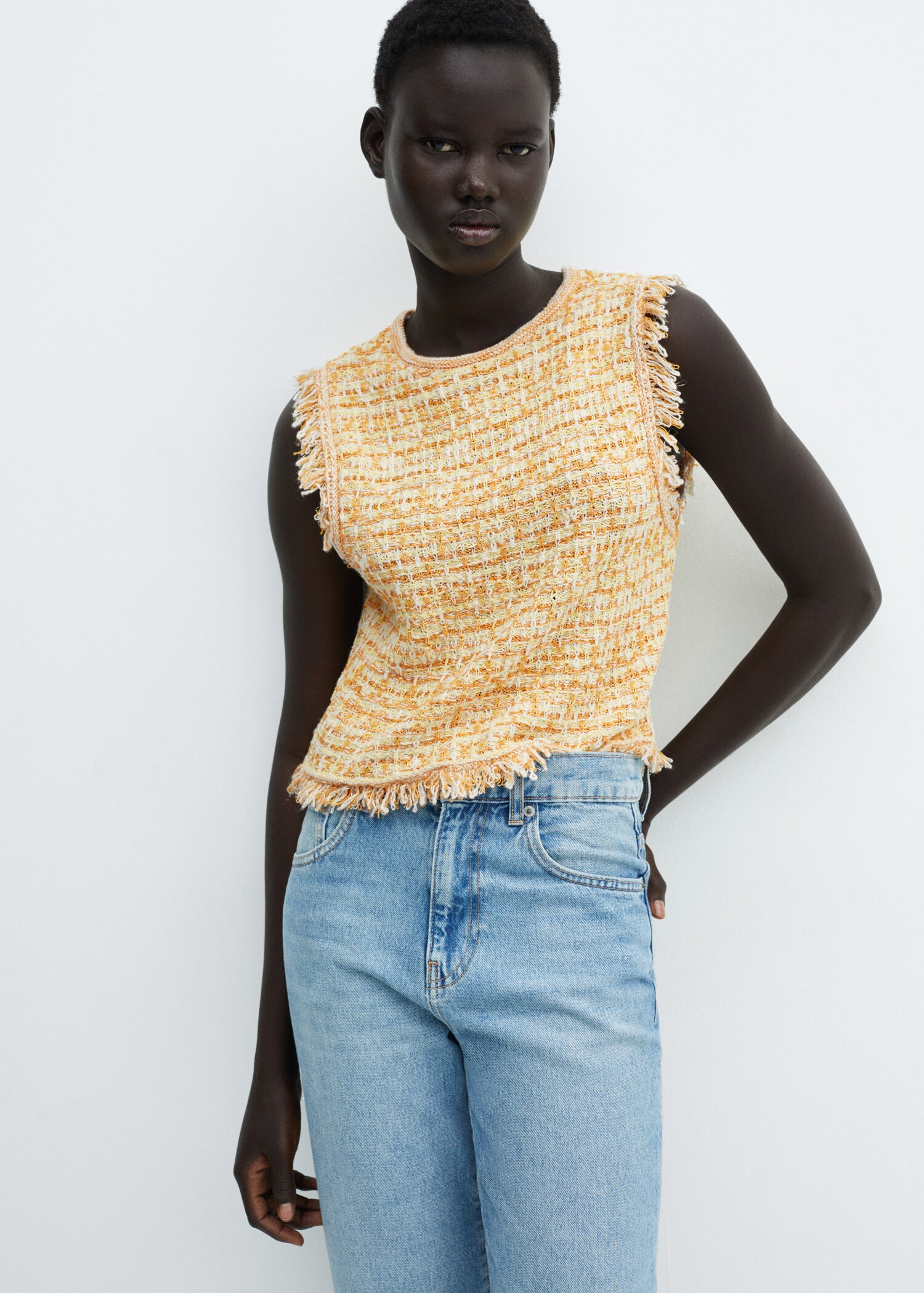 Tweed top with frayed detail