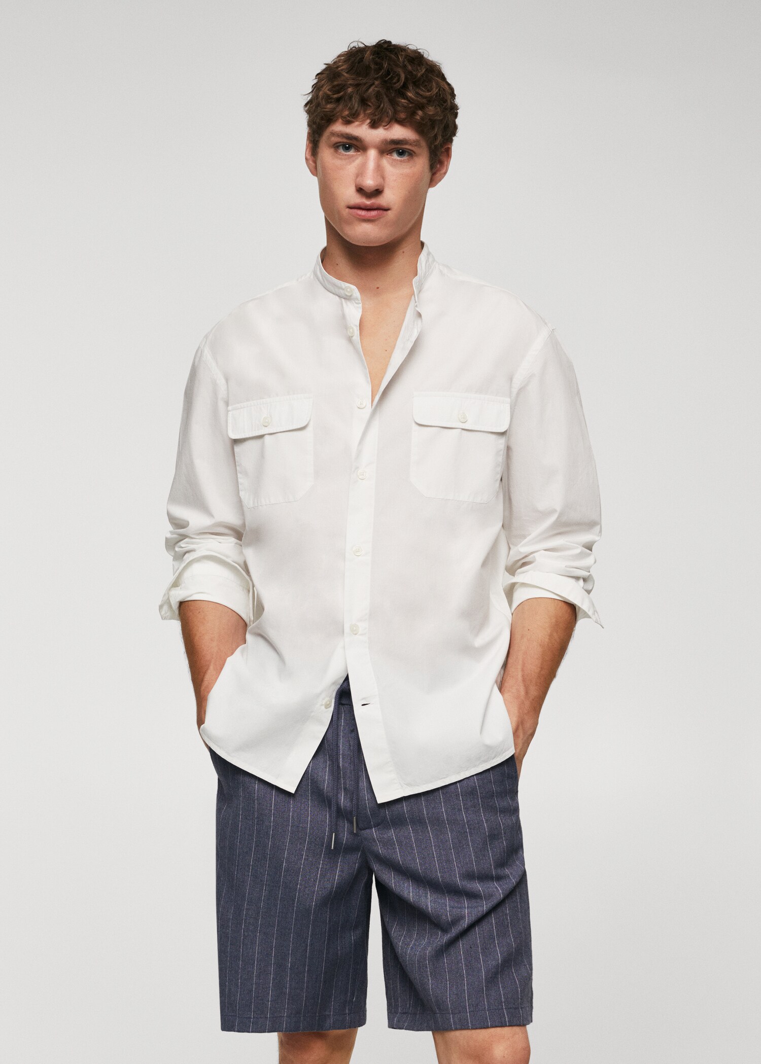 Slim-fit Mao-collar cotton shirt
