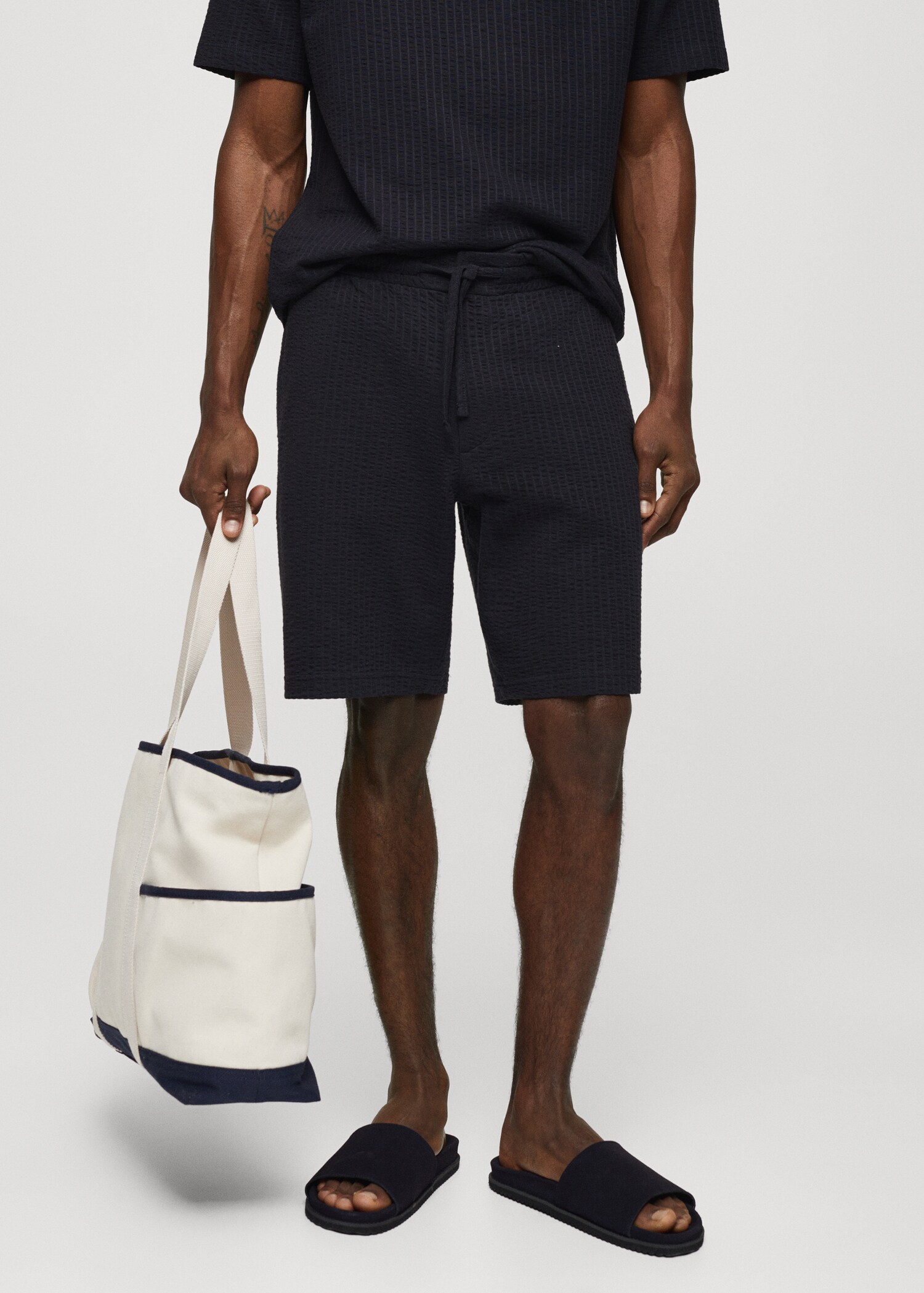 Cotton seersucker bermuda shorts with drawstring