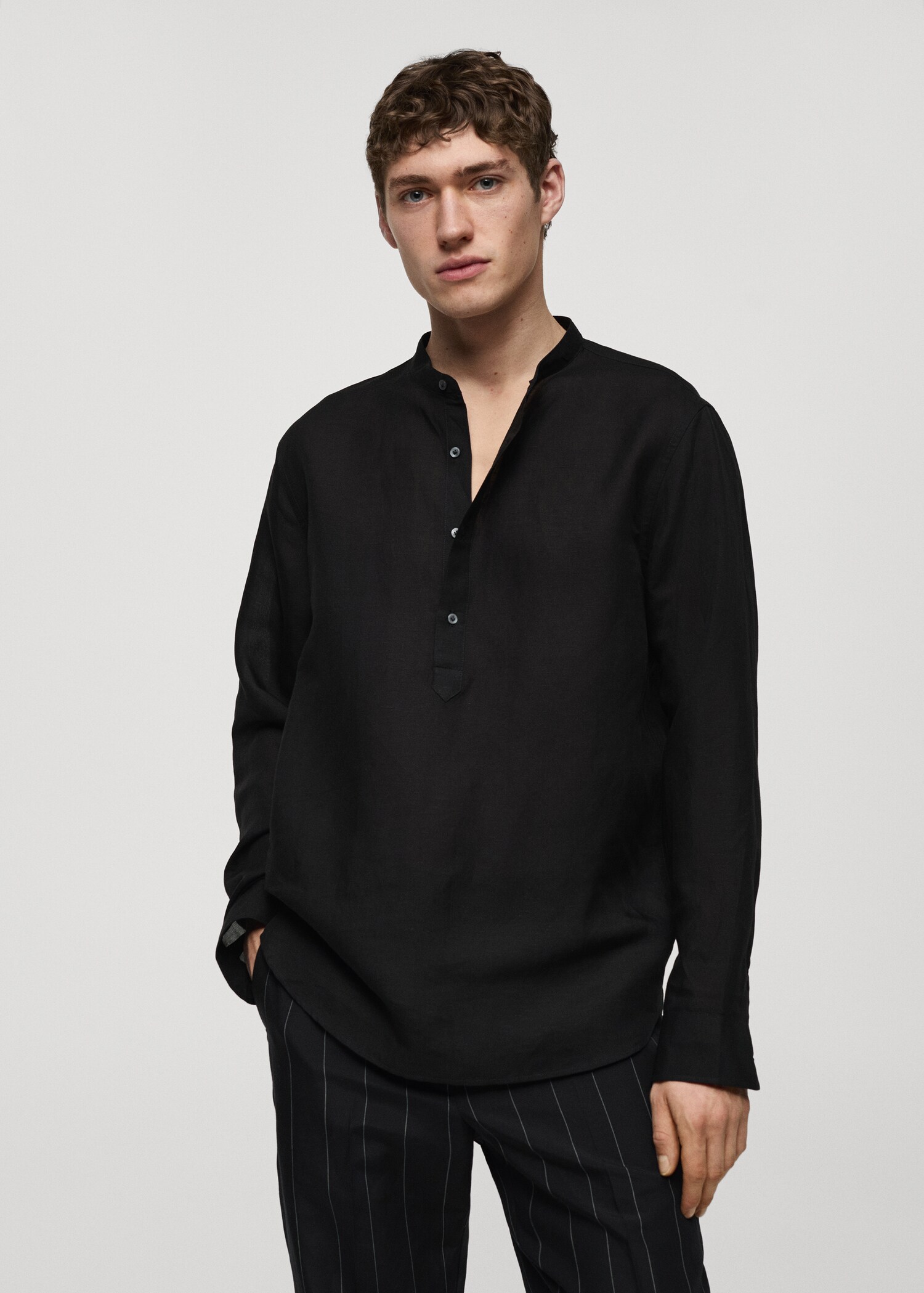 Regular-fit linen shirt with mao collar