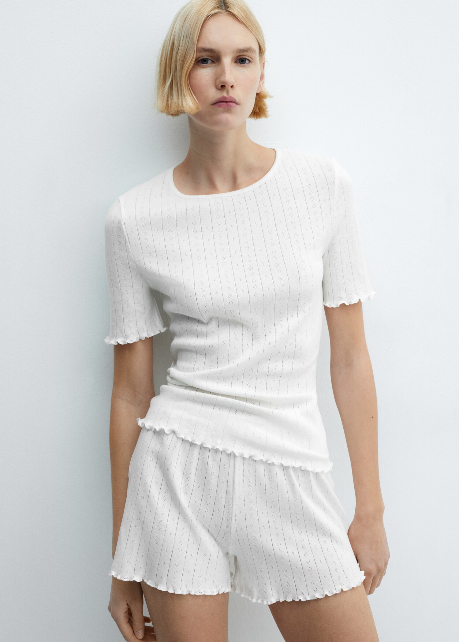 Cotton pyjama top with gathered hem