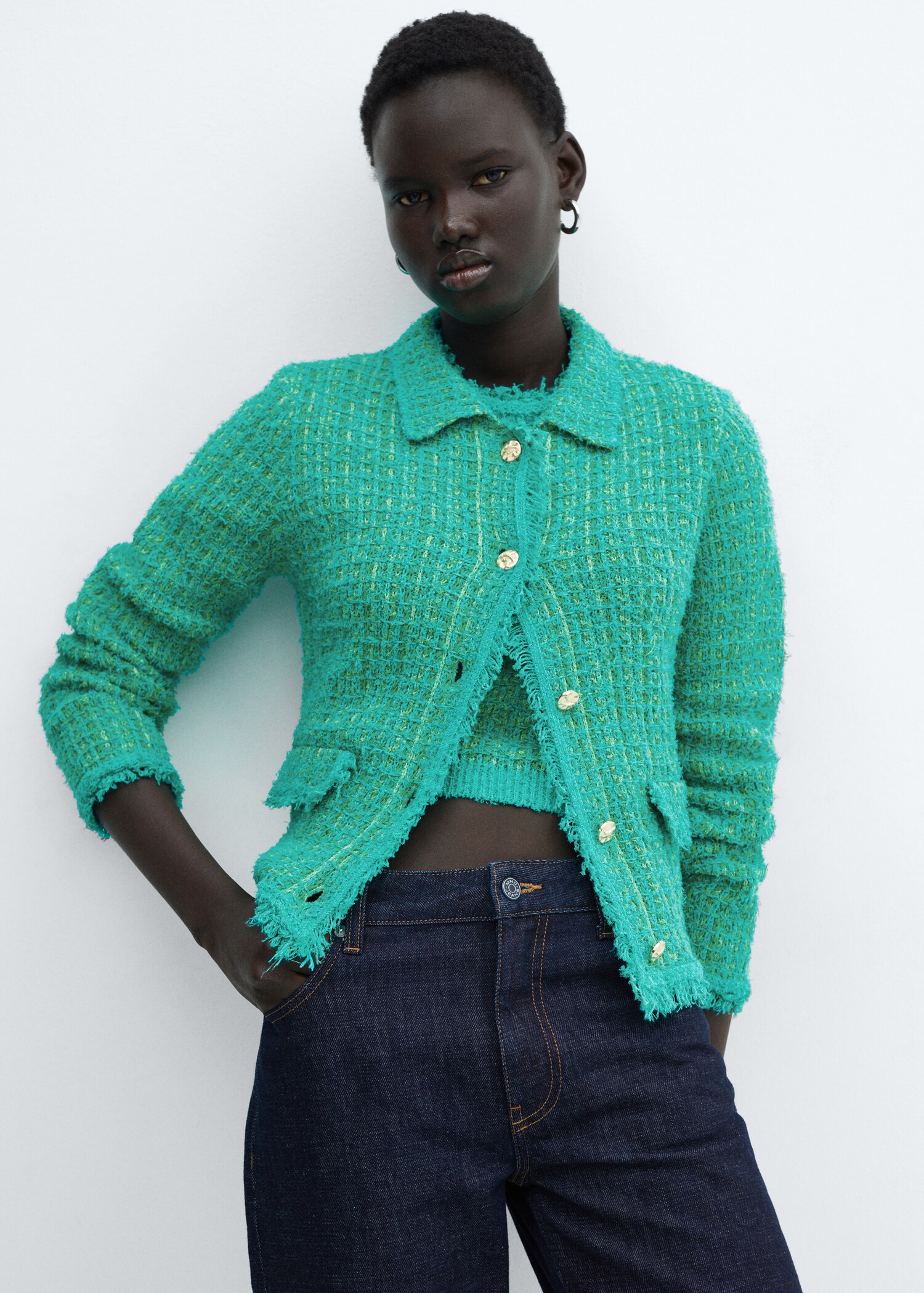 Polo-neck tweed cardigan