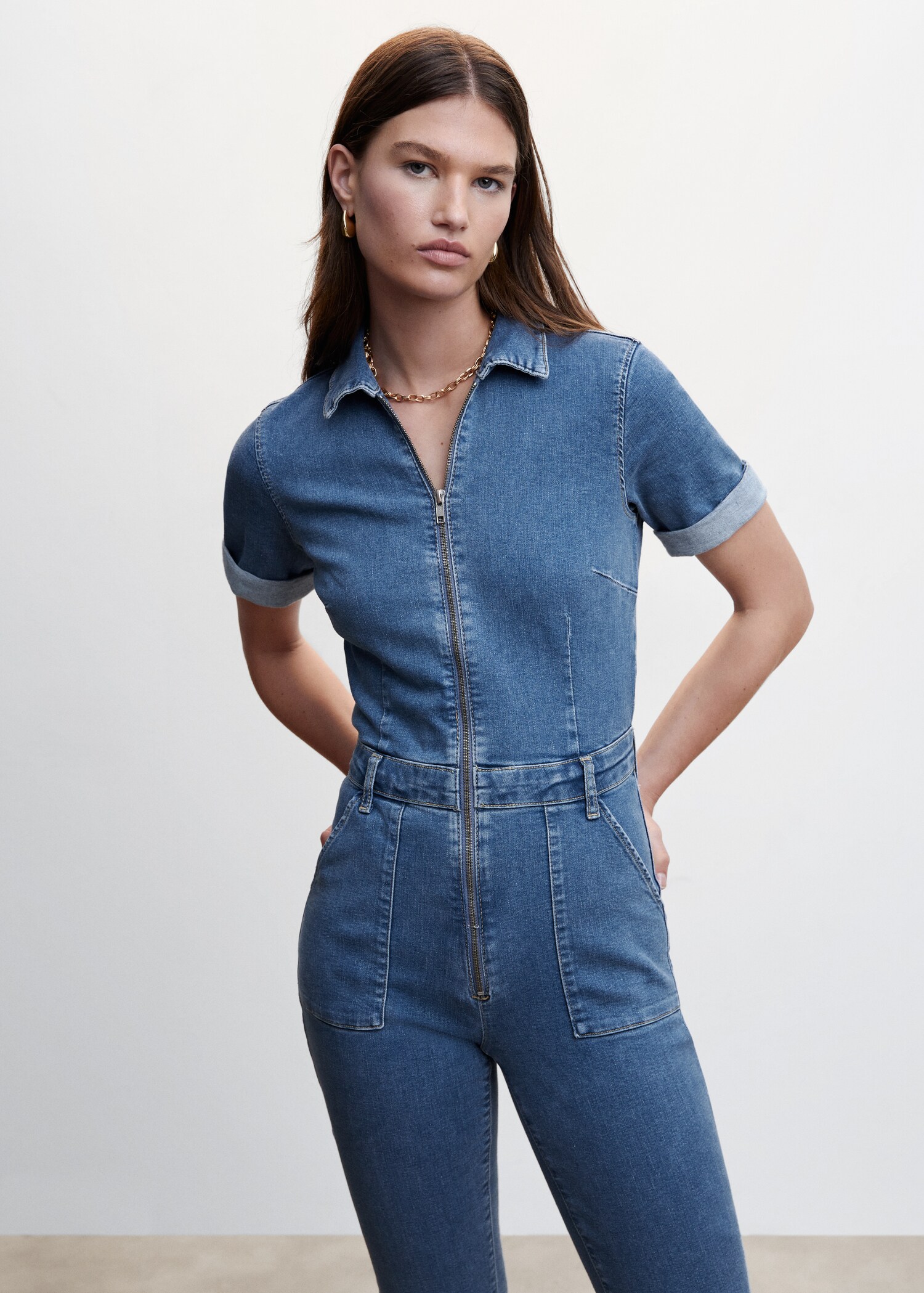 Denim jumpsuit with zipper